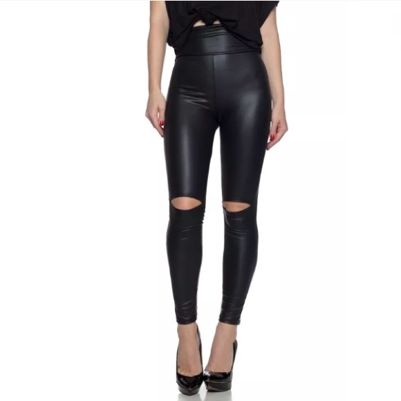 SOLD OUT Vegan Faux Leather High Waist Slit Knee Leggings - Picture 2 of 5